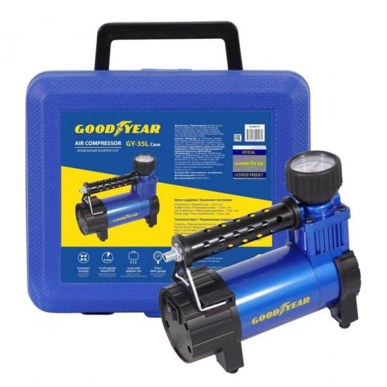 ჰაერის კომპრესორი GY-35L/CASE 12V ავტო მაღაზია, ავტომობილის მოვლა Goodyear GY-35L განკუთვნილია ავტომობილის საბურავების გასაბერად, R-16 ბორბალს ბერავს 4 წუთში. ჰაერის კომპრესორი GY-35L-CASE 12V