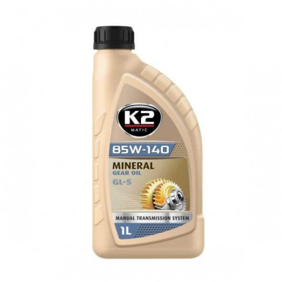 ტრანსმისიის ზეთი K2 Mineral 85W-140 GL-5 1 ლ ავტო მაღაზია, ზეთები და დანამატები ტრანსმისიის ზეთი K2 Mineral 85W-140 GL-5 1 ლ (O8851401) K2 Mineral არის მინერალური ტრანსმისიის ზეთი, რომელსაც გააჩნია მაღალი ანტიკოროზიული თვისება და მდგრადობა ცვეთის მიმართ. ტრანსმისიის ზეთი K2 Mineral 85W-140 GL-5 1 ლ