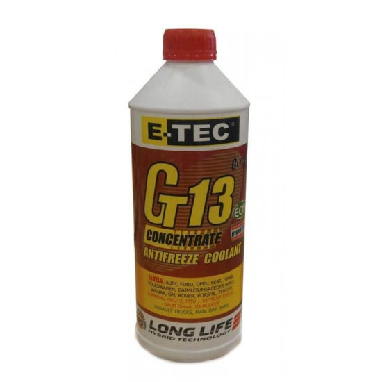 ანტიფრიზი E-TEC Glycsol Gt13+ წითელი 1.5 ლ ავტო მაღაზია, ავტო აქსესუარები ტექნიკური მახასიათებლები: • მწარმოებელი: E-TEC ფიზიკური პარამეტრები: • ფერი: წითელი • ტიპი: G13+ • განზავება (კონცენტრატი:წყალი): -36°C: 1:1, -31°C: 3:4 • მოცულობა: 1. ანტიფრიზი E-TEC Glycsol Gt13 plus წითელი 1.5 ლ