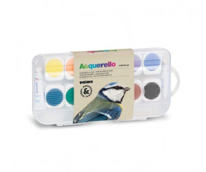 აკვარელი 12 fine watercolour tablets diametre 30 mm in removable plastic trays, 1 brush and 2 white tubes 7,5 ml poster paint 136A12GMH PRIMO