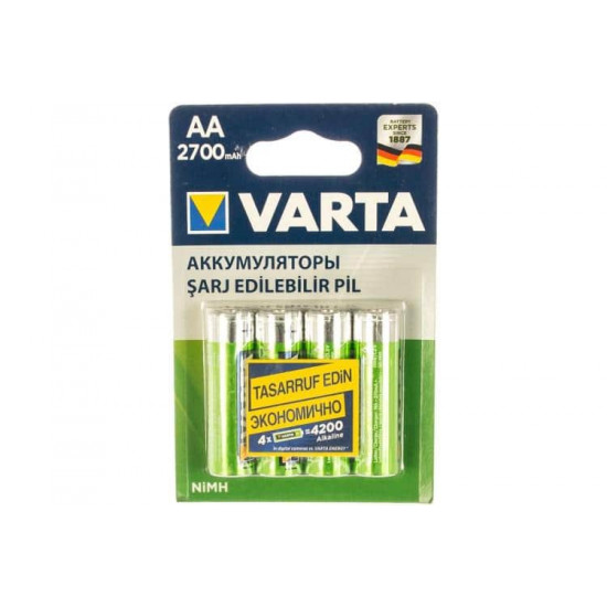 დასატენი ელემენტი VARTA AA 2700 mAh 4 ც. ელექტრო აქსესუარები, წვრილი ტექნიკა VARTA აწარმოებს მაღალი ხარისხის ელექტრო პროდუქციას. დასატენი ელემენტი VARTA AA 2700 mAh 4 ც.