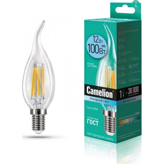 შუქდიოდური ნათურაLED12-CW35-FL-845-E14 12W ელექტრო აქსესუარები, წვრილი ტექნიკა Camelion აწარმოებს მაღალხარისხიან პროდუქციას: კვების წყარო, სინათლის წყარო, სანათები. შუქდიოდური ნათურაLED12-CW35-FL-845-E14 12W