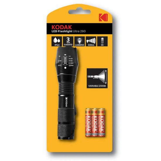 ფანარი Kodak LED Flashlight Ultra 290 ელექტრო აქსესუარები, წვრილი ტექნიკა ტექნიკური მახასიათებლები: • მწარმოებელი: Kodak • სიკაშკაშე: 290 lm • ელემენტის ტიპი: 3 x AAA • სამუშაო ტემპერატურა: -10°С - 60°С • განათების მანძილი: 300 მ ფიზიკური პარამეტრები: • დაცვა: IP64 • ზომა: 13. ფანარი Kodak LED Flashlight Ultra 290
