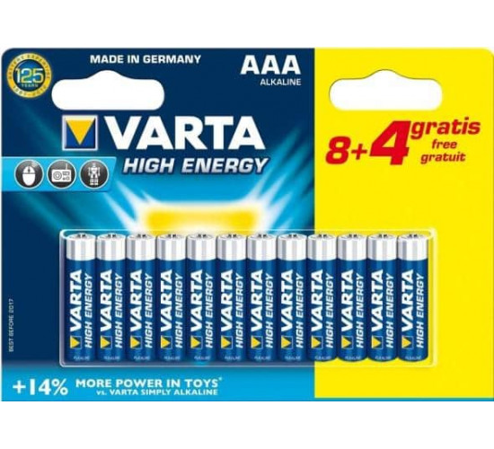 ელემენტი VARTA Alkaline High Energy 8 plus4 AAA 1.5 V 12 ც