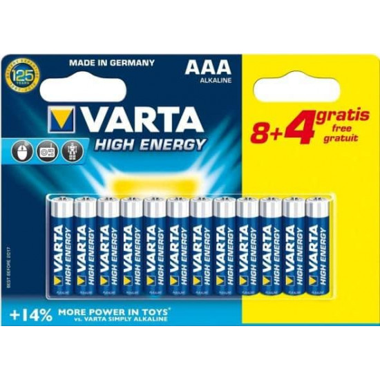 ელემენტი VARTA Alkaline High Energy 8 plus4 AAA 1.5 V 12 ც ელექტრო აქსესუარები, წვრილი ტექნიკა ელემენტი VARTA Alkaline High Energy 8+4 AAA 1. ელემენტი VARTA Alkaline High Energy 8 plus4 AAA 1.5 V 12 ც