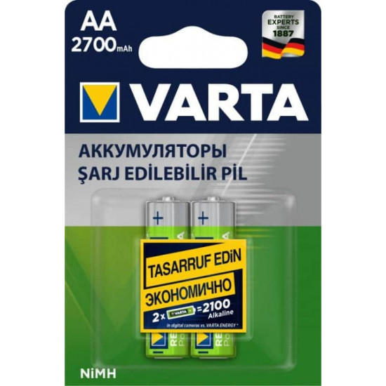 აკუმულატორი Varta AA 2700mAh NiMH 2 ც ელექტრო აქსესუარები, წვრილი ტექნიკა ელემენტისგან განხსვავებით, თქვენ აღარ მოგიწევთ აკუმულატორის დაცლის შემდეგ ახლის ყიდვა, საკმარისია მხოლოდ მისი დამუხტვა. აკუმულატორი Varta AA 2700mAh NiMH 2 ც