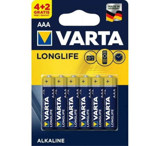 ელემენტი Varta Longlife Alkaline AAA 4 plus2 ც ელექტრო აქსესუარები, წვრილი ტექნიკა Varta ელემენტები - ეს არის ენერგიის ოპტიმალური წყარო ნებისმიერი მოწყობილობისთვის, განკუთნილია ყოველდღიური გამოყენებისთვის - სათამაშოები, დისტანციური მართვის პულტები, ციფრული კამერები და სხვა მოწყობილობები. ელემენტი Varta Longlife Alkaline AAA 4 plus2 ც