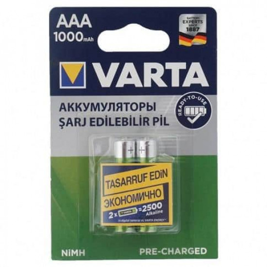 აკუმულატორი Varta AAA 1000mAh NiMH 2 ც ელექტრო აქსესუარები, წვრილი ტექნიკა ელემენტისგან განხსვავებით, თქვენ აღარ მოგიწევთ აკუმულატორის დაცლის შემდეგ ახლის ყიდვა, საკმარისია მხოლოდ მისი დამუხტვა. აკუმულატორი Varta AAA 1000mAh NiMH 2 ც