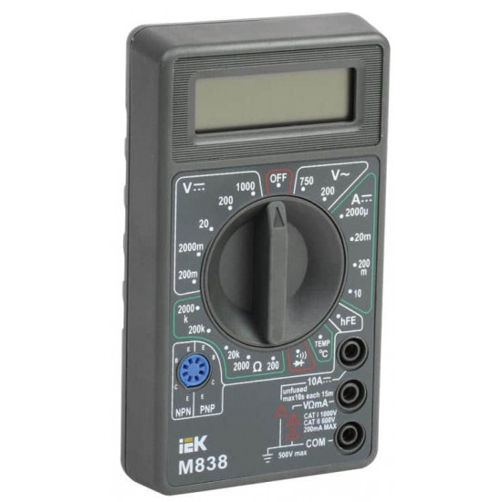 ციფრული მულტიმეტრი IEK Universal M838 ელექტრო აქსესუარები, წვრილი ტექნიკა ტექნიკური მახასიათებლები: • მწარმოებელი: IEK • ინდიკაცია: ციფრული • აკუმულატორის ტიპი: CR-9V • ელექტრო უსაფრთხოების კლასი: CAT II • დაცვის კლასი ტენიანობისა და მტვრისაგან: IP21 • სამუშაო ტემპერატურა: 40°C დამატებითი მახასიათე ციფრული მულტიმეტრი IEK Universal M838