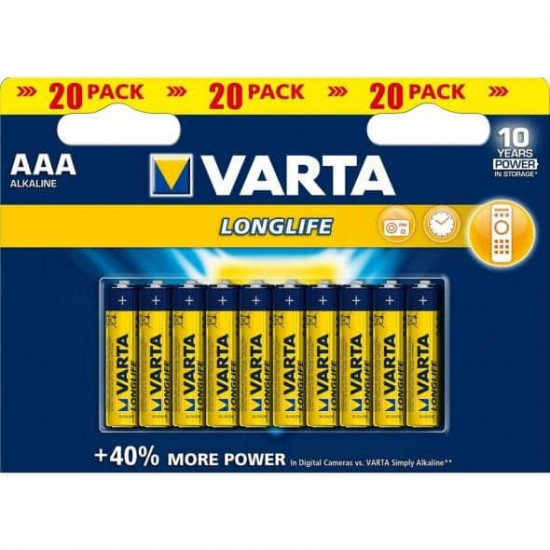 ელემენტი VARTA Alkaline AAA LL 1.5 V 20 ც ელექტრო აქსესუარები, წვრილი ტექნიკა ელემენტი VARTA Alkaline AAA LL 1. ელემენტი VARTA Alkaline AAA LL 1.5 V 20 ც