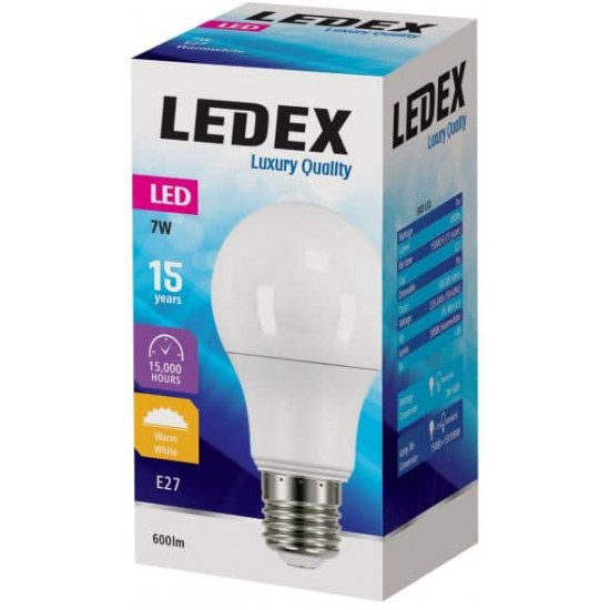 შუქდიოდური ნათურა 7W E27 6500K LED7-9116 LEDEX ელექტრო აქსესუარები, წვრილი ტექნიკა შუქდიოდური ნათურა 7W E27 6500K LED7-9116 LEDEX 7W E27 6500K LED7-9116 LEDEX -ს გააჩნია მუშაობის დიდი რესურსი (15000 სთ). შუქდიოდური ნათურა 7W E27 6500K LED7-9116 LEDEX