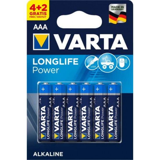 ელემენტი Varta Longlife Power Alkaline AAA 4 plus2 ც ელექტრო აქსესუარები, წვრილი ტექნიკა Varta ელემენტები - ეს არის ენერგიის ოპტიმალური წყარო ნებისმიერი მოწყობილობისთვის, განკუთნილია ყოველდღიური გამოყენებისთვის - სათამაშოები, დისტანციური მართვის პულტები, ციფრული კამერები და სხვა მოწყობილობები. ელემენტი Varta Longlife Power Alkaline AAA 4 plus2 ც