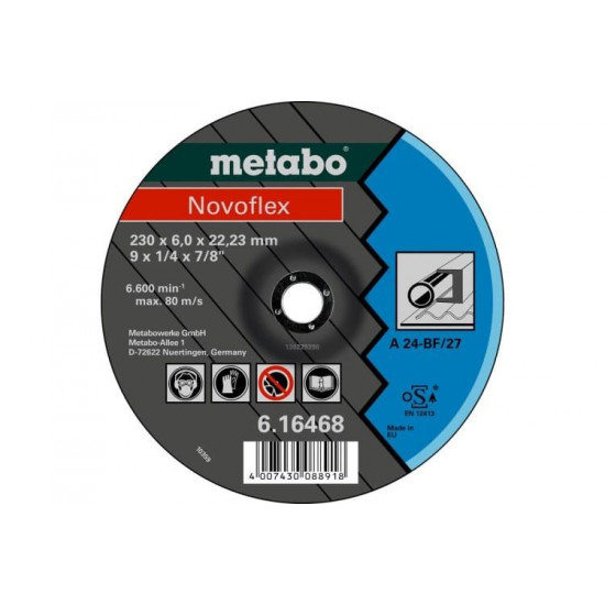 სახეხი რგოლი Metabo NOVOFLEX SF 27 230x6x22.23 მმ (616468000) ხელსაწყოები, ინსტრუმენტების მასალები Metabo NOVOFLEX SF 27 გამოიყენება კუთხის სახეხი მანქანისთვის და განკუთვნილია ლითონის დასამუშავებლად. სახეხი რგოლი Metabo NOVOFLEX SF 27 230x6x22.23 მმ (616468000)