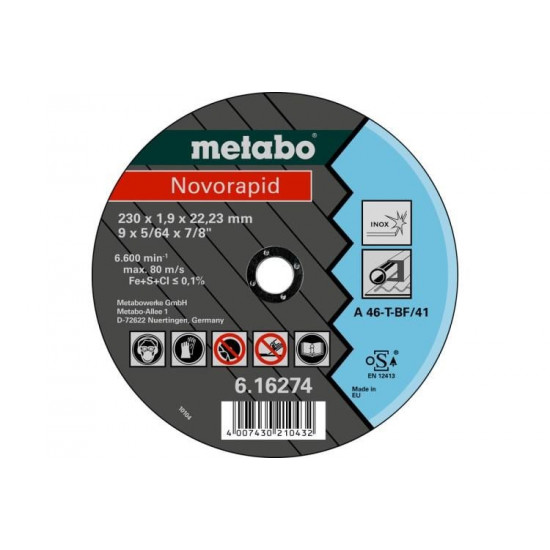 საჭრელი დისკი Metabo Novorapid 230x1,9x22,23мм ხელსაწყოები, ინსტრუმენტების მასალები საჭრელი დისკი Metabo Novorapid 230x1,9x22,23 мм ტექნიკური მახასიათებლები:• მწარმოებელი: Metabo • დიამეტრი: 230x1,9x22,23 მმ საჭრელი დისკი Metabo Novorapid 230x1,9x22,23мм