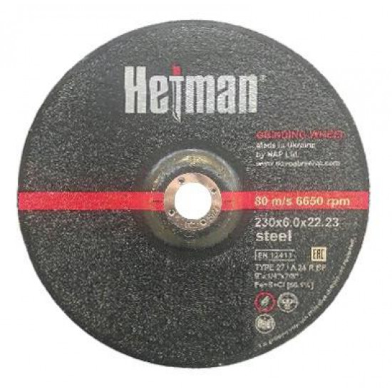 დისკი სახეხი Hetman 1/27 14А 230x6x22.23 მმ ხელსაწყოები, ინსტრუმენტების მასალები Hetman 1/27 14А არის სახეხი დისკი, გააჩნია მაღალი წარმადობა და სიმტკიცე. დისკი სახეხი Hetman 1-27 14А 230x6x22.23 მმ