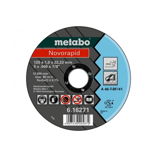 საჭრელი დისკი 125x1,0x22,23 მმ Metabo ხელსაწყოები, ინსტრუმენტების მასალები საჭრელი დისკი 125x1,0x22,23 მმ Metabo ტექნიკური მახასიათებლები:• მწარმოებელი: Metabo • დიამეტრი: 125x1,0x22,23 მმ საჭრელი დისკი 125x1,0x22,23 მმ Metabo