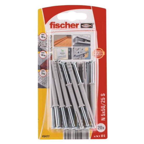 დიუბელი სჭვალით გაყოფილი თავით Fischer N5x50/25 S 20 ც 45477 ხელსაწყოები, სამაგრები გამოიყენება ზემტკიცე სამაგრის შესაქმნელად ჩამოსაკიდი ელემენტებისთვის. დიუბელი სჭვალით გაყოფილი თავით Fischer N5x50-25 S 20 ც 45477