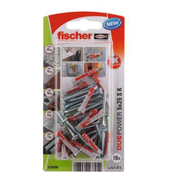 დიუბელი თვითმჭრელით Fischer Duopower 5x25 S 18 ც 534996 ხელსაწყოები, სამაგრები ეს არის სამაგრი ელემენტი, რომელიც გამოიყენება სანტექნიკური მოწყობილობების დასამაგრებლად ხის, ბეტონის, აგურის და ქვის ზედაპირებზე. დიუბელი თვითმჭრელით Fischer Duopower 5x25 S 18 ც 534996