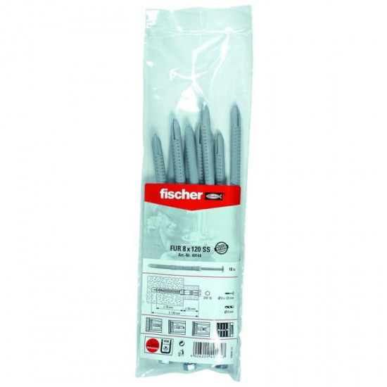 დუბელი ფასადის Fischer FUR8x120 SS 10 ც 49144 ხელსაწყოები, სამაგრები ეს არის სამაგრი ელემენტი, რომელიც გამოიყენება სანტექნიკური მოწყობილობების დასამაგრებლად ხის, ბეტონის, აგურის და ქვის ზედაპირებზე. დუბელი ფასადის Fischer FUR8x120 SS 10 ც 49144