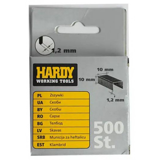 სტეპლერის ტყვიები Hardy 2241-650010 10 მმ 500 ც ხელსაწყოები, ხელის ინსტრუმენტები ტექნიკური მახასიათებლები:• მწარმოებელი: Hardy ფიზიკური პარამეტრები:• სიმაღლე: 10 მმ• სიგანე: 10 მმ• სისქე: 1. სტეპლერის ტყვიები Hardy 2241-650010 10 მმ 500 ც