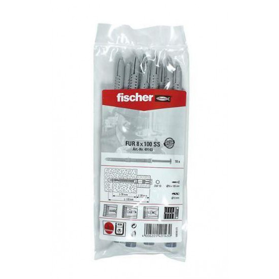 დიუბელი ფასადის Fischer FUR8x100 SS 10 ც 49143 ხელსაწყოები, სამაგრები ეს არის სამაგრი ელემენტი, რომელიც გამოიყენება სანტექნიკური მოწყობილობების დასამაგრებლად ხის, ბეტონის, აგურის და ქვის ზედაპირებზე. დიუბელი ფასადის Fischer FUR8x100 SS 10 ც 49143