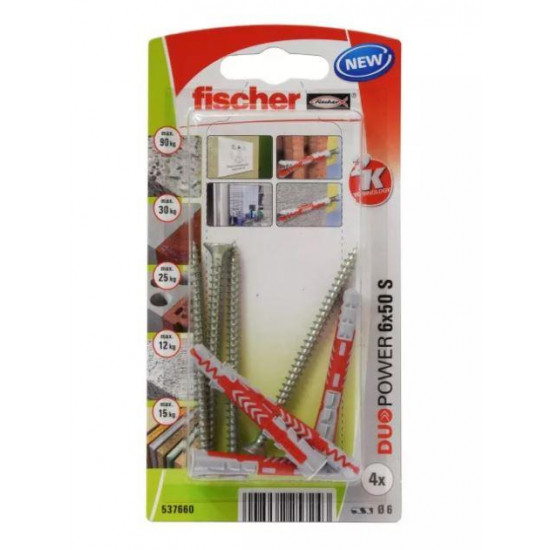 დუბელი თვითმჭრელით Fischer Duopower 6x50 S 4 ც 537660 ხელსაწყოები, სამაგრები ეს არის სამაგრი ელემენტი, რომელიც გამოიყენება სანტექნიკური მოწყობილობების დასამაგრებლად ხის, ბეტონის, აგურის და ქვის ზედაპირებზე. დუბელი თვითმჭრელით Fischer Duopower 6x50 S 4 ც 537660