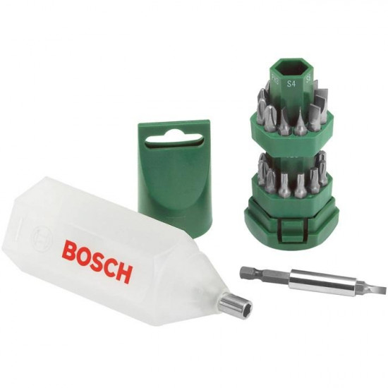 ბიტების ნაკრები Bosch 2607019503 25 ც ხელსაწყოები, ინსტრუმენტების მასალები ტექნიკური მახასიათებლები: • მწარმოებელი: Bosch კომპლექტაცია: • 2 x S4 • 2 x S6 • 2 x S7 • 2 x PH1 • 2 x PH2 • 2 x PH3 • 2 x PZ1 • 2 x PZ2 • 2 x PZ3 • 2 x T20 • 2 x T25 • 2 x T30 • ბიტების დამჭერი • პლასტმასის ბუდე ფიზიკური პ ბიტების ნაკრები Bosch 2607019503 25 ც