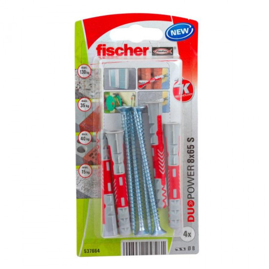დიუბელი თვითმჭრელით Fischer Duopower 8x65 S 4 ც 537664 ხელსაწყოები, სამაგრები ეს არის სამაგრი ელემენტი, რომელიც გამოიყენება სანტექნიკური მოწყობილობების დასამაგრებლად ხის, ბეტონის, აგურის და ქვის ზედაპირებზე. დიუბელი თვითმჭრელით Fischer Duopower 8x65 S 4 ც 537664
