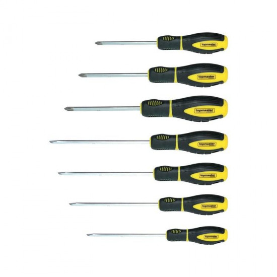 სახრახნისების ნაკრები Topmaster S2 TMP 225106 7 ც ხელსაწყოები, ხელის ინსტრუმენტები ტექნიკური მახასიათებლები: • მწარმოებელი: Topmaster • მოდელი: 225106 ფიზიკური პარამეტრები: • 4 ბრტყელი: 3x75 მმ, 4x100 მმ, 5x125 მმ, 6x150 მმ • 3 ჯვარედინი: PH0x75 მმ, PH1x100 მმ, PH2x125 მმ • მასალა: ფოლადი S2 • დამა სახრახნისების ნაკრები Topmaster S2 TMP 225106 7 ც
