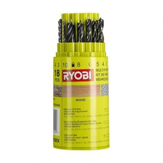 ბურღი Ryobi RAK18DMIX 18 ც. ხელსაწყოები, ინსტრუმენტების მასალები კომპლექტი შეიცავს 18 ბურღს, რომელიც გამოიყენება ლითონის, ხის, პლასტმასის და აგურის ბურღვისთვის. ბურღი Ryobi RAK18DMIX 18 ც.