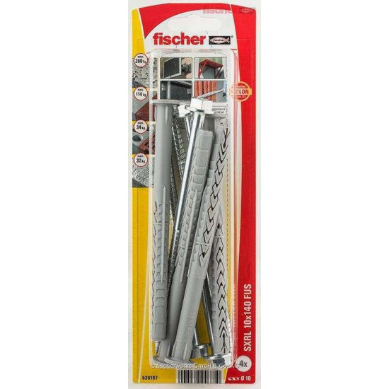 დიუბელი თვითმჭრელით ექვსწახნაგა ქანჩით Fischer SXRL 10x140 FUS 4 ც 536187 ხელსაწყოები, სამაგრები გამოიყენება ზემტკიცე სამაგრის შესაქმნელად ჩამოსაკიდი ელემენტებისთვის. დიუბელი თვითმჭრელით ექვსწახნაგა ქანჩით Fischer SXRL 10x140 FUS 4 ც 536187