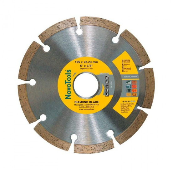 ალმასის დისკი NovoAbrasive Standard DBS125/S 125x7x22.23 მმ ხელსაწყოები, ინსტრუმენტების მასალები NovoAbrasive DBS125/S გამოირჩევა კარგი წარმადობით, გამოიყენება სველი და მშრალი ჭრისთვის. ალმასის დისკი NovoAbrasive Standard DBS125-S 125x7x22.23 მმ