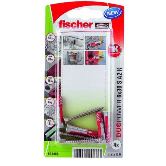 დიუბელი თვითმჭრელით Fischer Duopower 6x30 S A2 4 ც 535486 ხელსაწყოები, სამაგრები ეს არის სამაგრი ელემენტი, რომელიც გამოიყენება სანტექნიკური მოწყობილობების დასამაგრებლად ხის, ბეტონის, აგურის და ქვის ზედაპირებზე. დიუბელი თვითმჭრელით Fischer Duopower 6x30 S A2 4 ც 535486