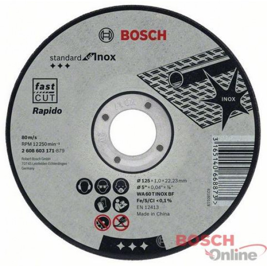 საჭრელი დისკი Bosch Standard უჟანგავი ლით 125х1მმ SfI, прямой ხელსაწყოები, ინსტრუმენტების მასალები საჭრელი დისკი Bosch Standard უჟანგავი ლით 125х1 მმ SfI, прямой ტექნიკური მახასიათებლები:• მწარმოებელი: Bosch • დიამეტრი: 125х1 მმ საჭრელი დისკი Bosch Standard უჟანგავი ლით 125х1მმ SfI, прямой