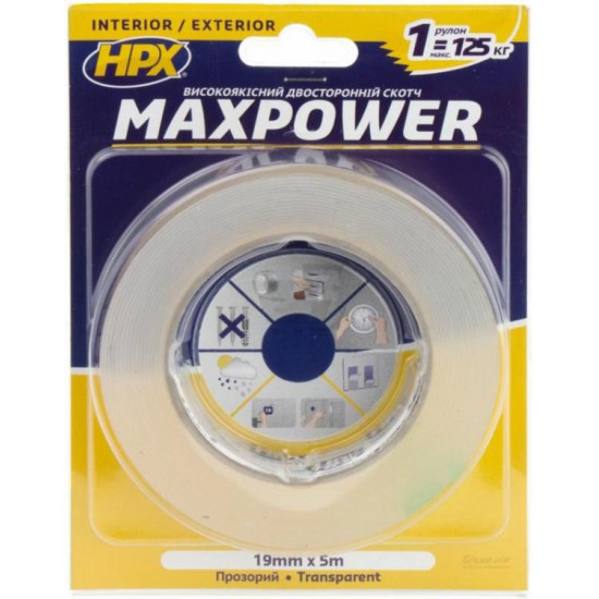 ლენტი ორმხრივი გამჭვირვალე HPX Maxpower HT1905 5Mx19MM ხელსაწყოები, სამშენებლო მოწყობილობები ლენტი ორმხრივი გამჭვირვალე HPX Maxpower HT1905 5Mx19MM ამ ლენტს გააჩნია მაღალი ადჰეზია და გამოდგება ყველა ტიპის ობიექტის მონტაჟისთვის. ლენტი ორმხრივი გამჭვირვალე HPX Maxpower HT1905 5Mx19MM
