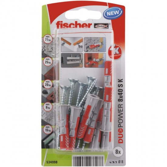 დიუბელი თვითმჭრელით Fischer Duopower 8x40 S 8 ც 534998 ხელსაწყოები, სამაგრები ეს არის სამაგრი ელემენტი, რომელიც გამოიყენება სანტექნიკური მოწყობილობების დასამაგრებლად ხის, ბეტონის, აგურის და ქვის ზედაპირებზე. დიუბელი თვითმჭრელით Fischer Duopower 8x40 S 8 ც 534998