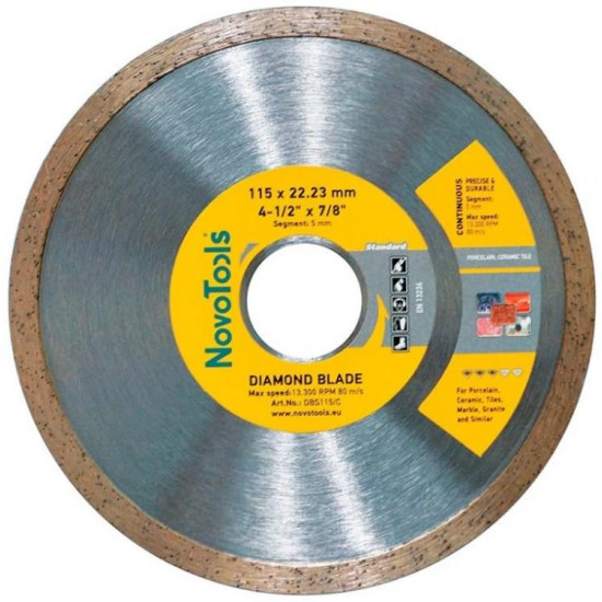 ალმასის დისკი Novotools Standard Continuous DBS115/C 115x5x22.23 მმ ხელსაწყოები, ინსტრუმენტების მასალები Novotools Standard Continuous DBS115/C გამოიყენება კუთხის სახეხი მანქანებისთვის და განკუთვნილია ყველა ტიპის კერამიკული ფილის, ფაიფურის მშრალი ან სველი ჭრისთვის. ალმასის დისკი Novotools Standard Continuous DBS115-C 115x5x22.23 მმ