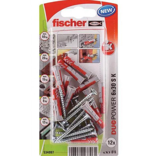დიუბელი თვითმჭრელით Fischer 6x30 S 12 ც 534997 ხელსაწყოები, სამაგრები ეს არის სამაგრი ელემენტი, რომელიც გამოიყენება სანტექნიკური მოწყობილობების დასამაგრებლად ხის, ბეტონის, აგურის და ქვის ზედაპირებზე. დიუბელი თვითმჭრელით Fischer 6x30 S 12 ც 534997