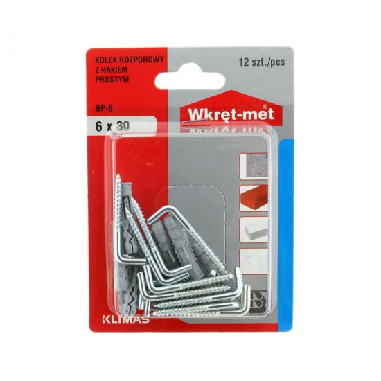 დიუბელი კავით 90° Wkret-met BP-06 6x30/40 მმ 12 ც ხელსაწყოები, სამაგრები Wkret-met BP-06 გამოიყენება ავეჯის თაროს, ნახატის, კარნიზის, კედლის სანათის დასამაგრებლად. დიუბელი კავით 90° Wkret-met BP-06 6x30-40 მმ 12 ც