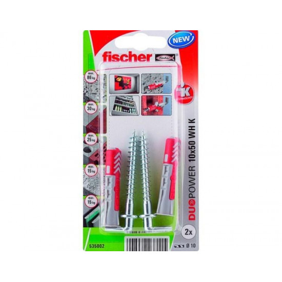 დიუბელი თვითმჭრელით L - ტიპის Fischer Duopower 10x50 WH 2 ც 535002 ხელსაწყოები, სამაგრები გამოიყენება ზემტკიცე სამაგრის შესაქმნელად ჩამოსაკიდი ელემენტებისთვის. დიუბელი თვითმჭრელით L - ტიპის Fischer Duopower 10x50 WH 2 ც 535002
