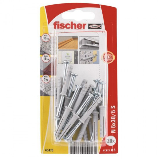 დიუბელი სჭვალით გაყოფილი თავით Fischer N5x30/5 S 20 ც 45476 ხელსაწყოები, სამაგრები გამოიყენება ზემტკიცე სამაგრის შესაქმნელად ჩამოსაკიდი ელემენტებისთვის. დიუბელი სჭვალით გაყოფილი თავით Fischer N5x30-5 S 20 ც 45476