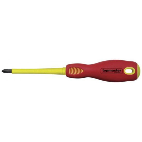სახრახნისი Topmaster 220117 VDE 1000V PH2 215 მმ ხელსაწყოები, ხელის ინსტრუმენტები სახრახნისი Topmaster 220117 VDE 1000V PH2 215 მმ ამ სახრახნისს გააჩნია ორმასალიანი სახელური. სახრახნისი Topmaster 220117 VDE 1000V PH2 215 მმ