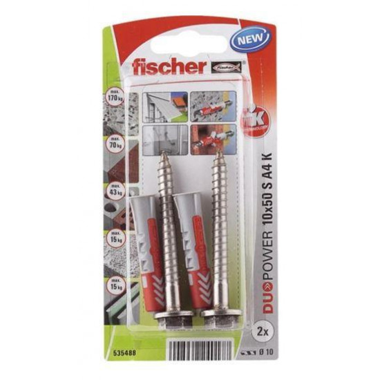 დიუბელი თვითმჭრელით Fischer Duopower 10x50 S A4 2 ც 535488 ხელსაწყოები, სამაგრები ეს არის სამაგრი ელემენტი, რომელიც გამოიყენება სანტექნიკური მოწყობილობების დასამაგრებლად ხის, ბეტონის, აგურის და ქვის ზედაპირებზე. დიუბელი თვითმჭრელით Fischer Duopower 10x50 S A4 2 ც 535488