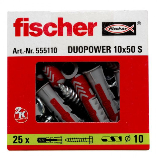 დიუბელი თვითმჭრელი Fischer Duopower 10x50 S 25 ც 555110 ხელსაწყოები, სამაგრები ეს არის სამაგრი ელემენტი, რომელიც გამოიყენება სანტექნიკური მოწყობილობების დასამაგრებლად ხის, ბეტონის, აგურის და ქვის ზედაპირებზე. დიუბელი თვითმჭრელი Fischer Duopower 10x50 S 25 ც 555110
