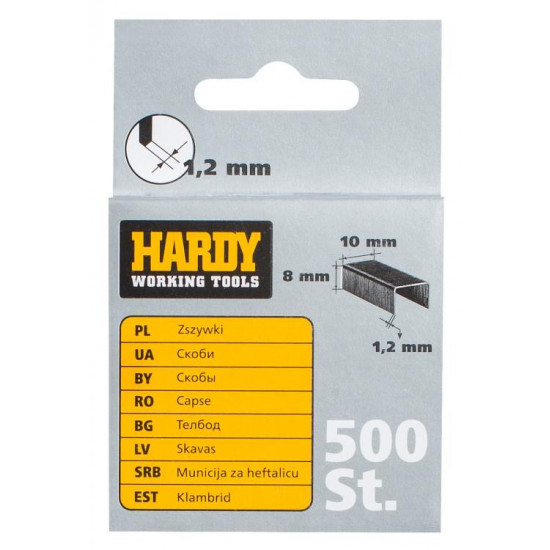 სტეპლერის ტყვიები Hardy 2241-650008 8 მმ 500 ც ხელსაწყოები, სამაგრები ტექნიკური მახასიათებლები:• მწარმოებელი: Hardy ფიზიკური პარამეტრები:• სიმაღლე: 8 მმ• სიგანე: 10 მმ• სისქე: 1. სტეპლერის ტყვიები Hardy 2241-650008 8 მმ 500 ც