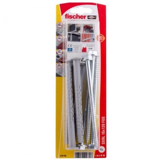 დიუბელი თვითმჭრელით ექვსწახნაგა ქანჩით Fischer SXRL 10x120 FUS 4 ც 536186 ხელსაწყოები, სამაგრები გამოიყენება ზემტკიცე სამაგრის შესაქმნელად ჩამოსაკიდი ელემენტებისთვის. დიუბელი თვითმჭრელით ექვსწახნაგა ქანჩით Fischer SXRL 10x120 FUS 4 ც 536186