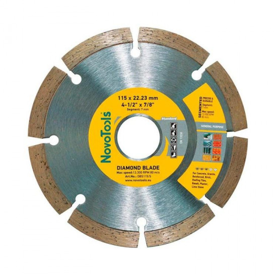 ალმასის დისკი NovoAbrasive Standard DBS115/S 115x7x22.23 მმ ხელსაწყოები, ინსტრუმენტების მასალები NovoAbrasive DBS115/S გამოირჩევა კარგი წარმადობით, გამოიყენება სველი და მშრალი ჭრისთვის. ალმასის დისკი NovoAbrasive Standard DBS115-S 115x7x22.23 მმ