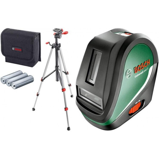 ლაზერული ნიველირი Bosch Universal Level 3 (0603663901) ხელსაწყოები, ელექტრო ინსტრუმენტები ლაზერული ჯვარედინის პროექცია დამატებითი პერპენდიკულარული ვერტიკალური სხივით და შვეულით. ლაზერული ნიველირი Bosch Universal Level 3 (0603663901)